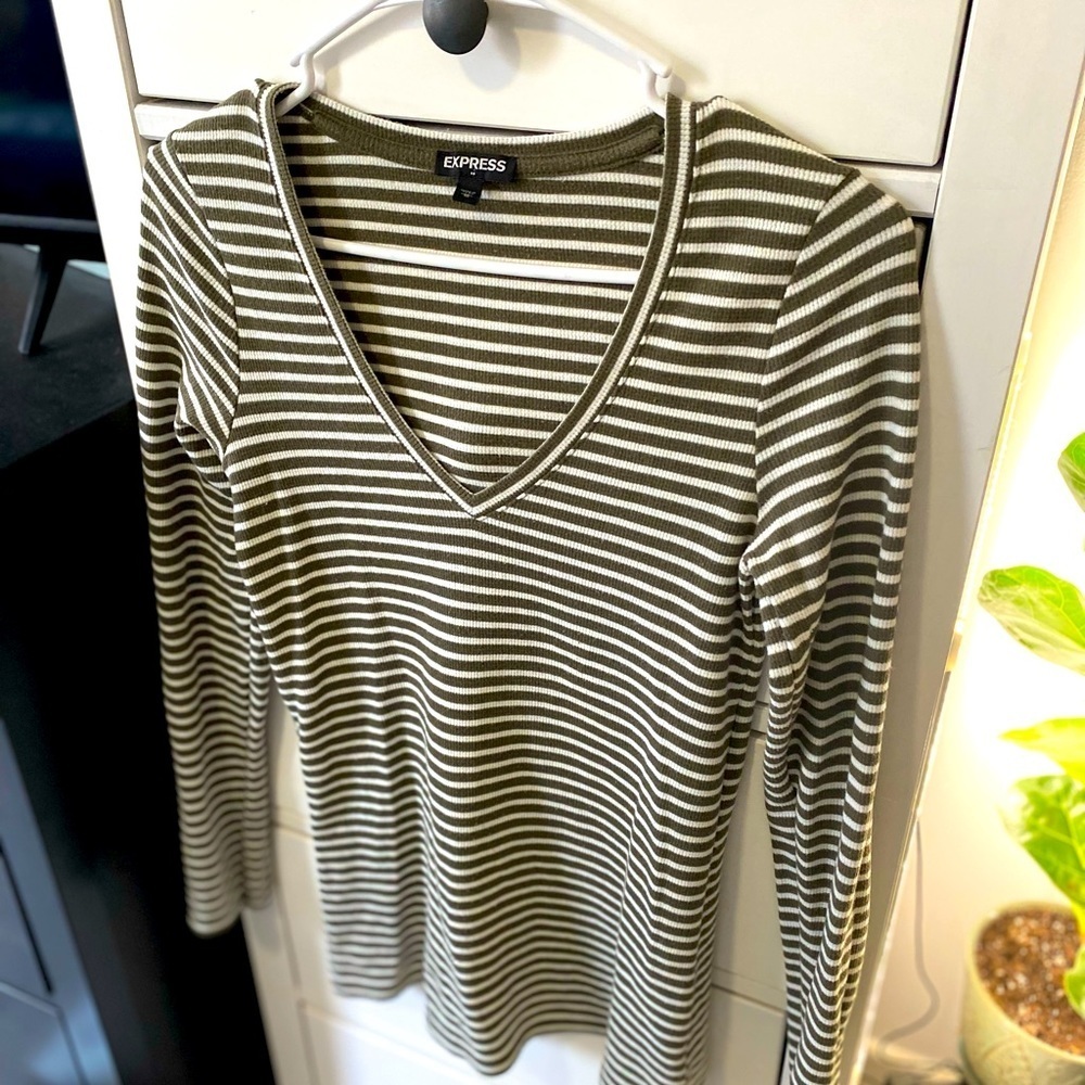 Express Long Sleeve V-Neck Tee Striped Olive Green and White medium cotton